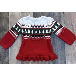 Carter's Baby Girl 12M Sweater Christmas Red/Green/White Trees Long Sleeve EUC